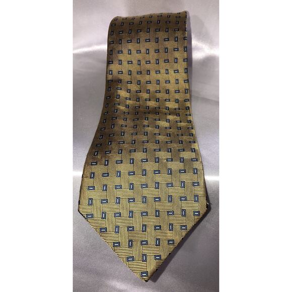 346 Brooks Brothers Pure Silk Neck Tie Gold Blue Geometric Pattern - Picture 1 of 5
